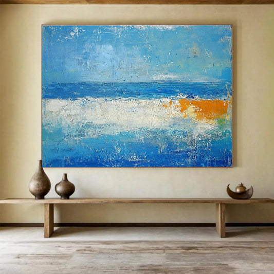 Large Contemporary Wall Art Blue, White & Orange Textured Coastal Abstract Painting HPS286