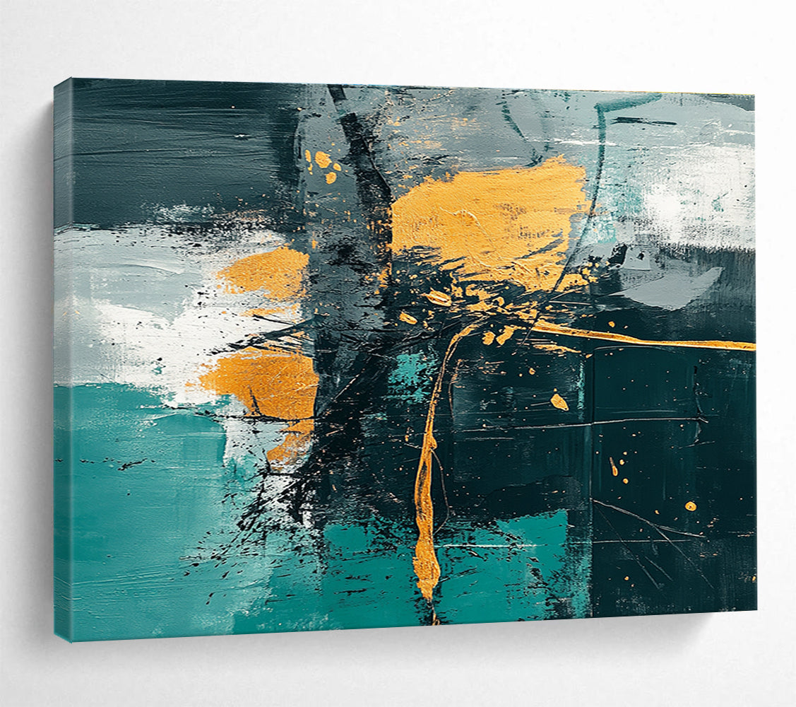 Oversized Abstract Wall Art Teal, Gold, and Black Textured Expressionist Art HPS327