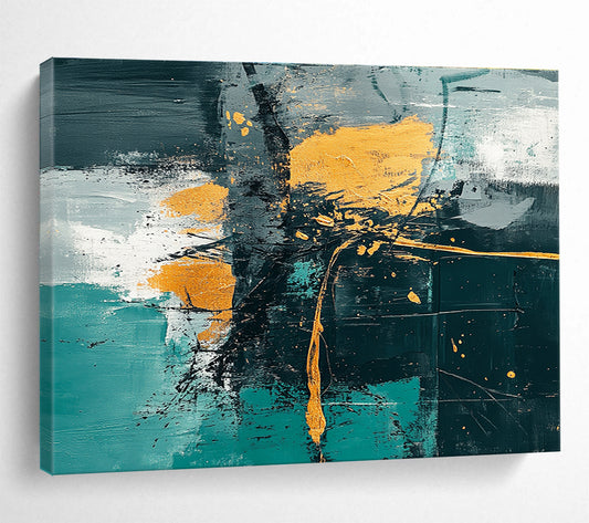 Oversized Abstract Wall Art Teal, Gold, and Black Textured Expressionist Art HPS327