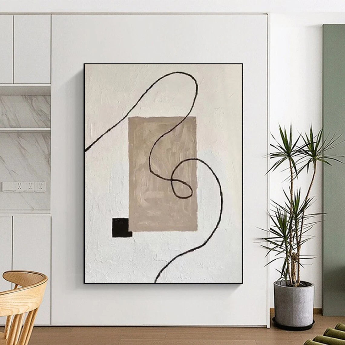 Handmade Art Beige, Black & White Minimalist Abstract Painting On Canvas PT064