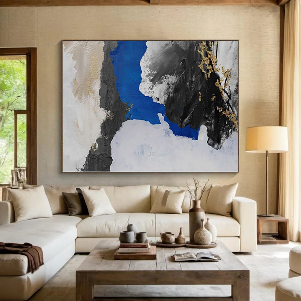 Hand Painting Black, White, Blue & Gold Textured Abstract Painting On Canvas PT052