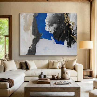 Hand Painting Black, White, Blue & Gold Textured Abstract Painting On Canvas PT052