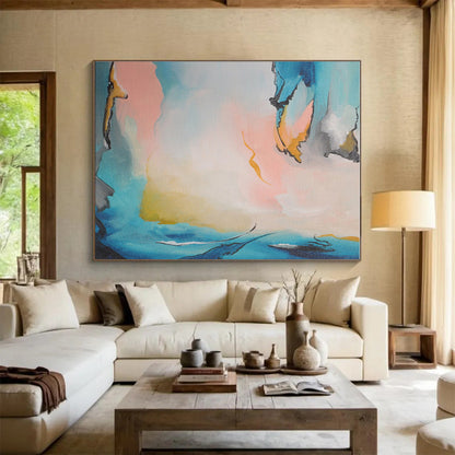 Modern Art Acrylic Soft Blue & Pink Abstract Figures On Canvas HPS018