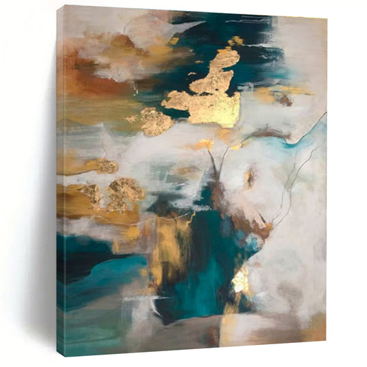 Large Contemporary Wall Art Teal, Gold, and White Abstract Art PT649