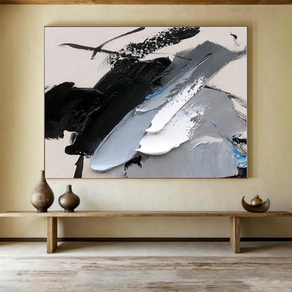 Minimalist Canvas Art Black, White, Gray & Blue Textured Abstract Painting On Canvas HPS087