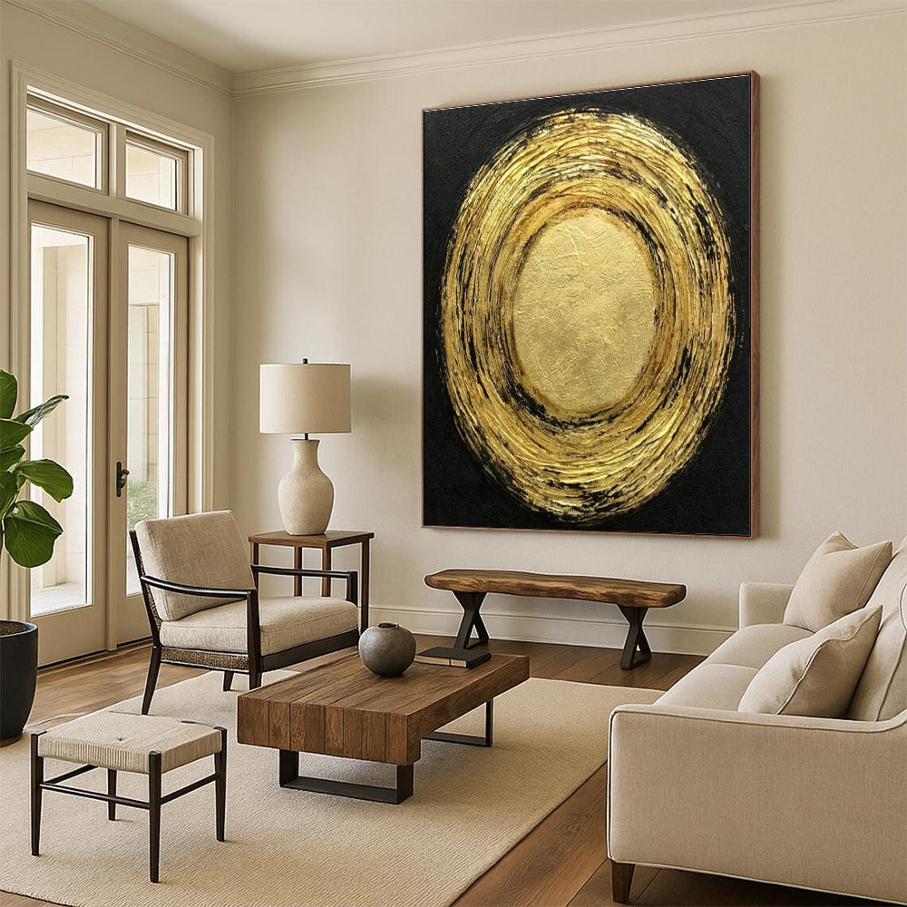 Oversized Abstract Wall Art Gold and Black Textured Circular Abstract Art PT805
