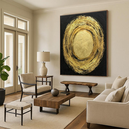 Oversized Abstract Wall Art Gold and Black Textured Circular Abstract Art PT805