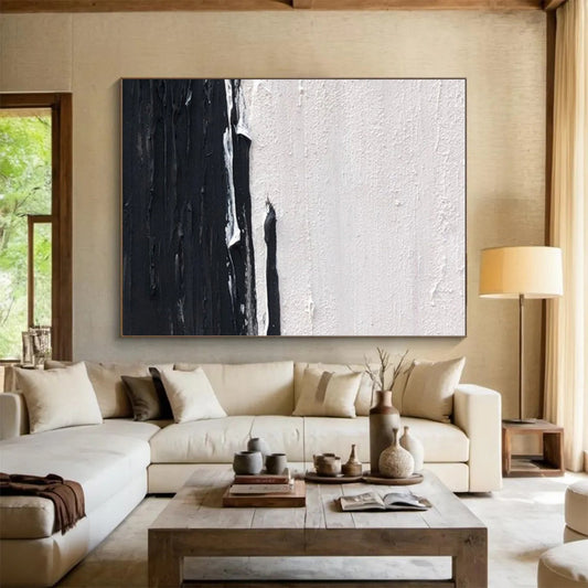 Minimalist Canvas Art in Black and White Textural Abstract Lines Painting On Canvas PT273