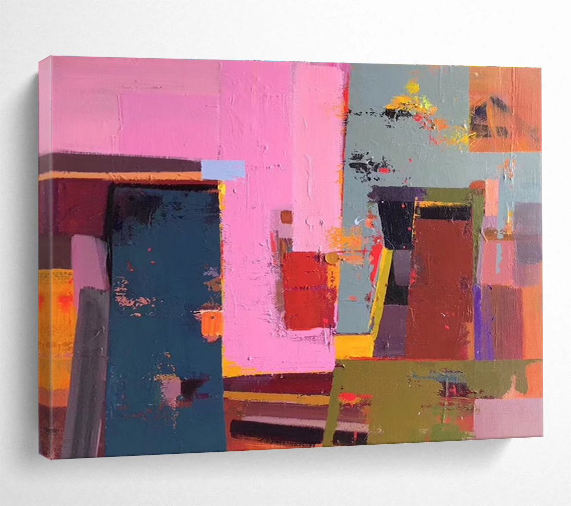 Acrylic Modern Art Paintings Pink, Teal & Brown Abstract Geometric Art HPS165