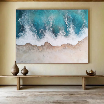 Unique Abstract Art Teal, White & Beige Textured Coastal Abstract Painting HPS290