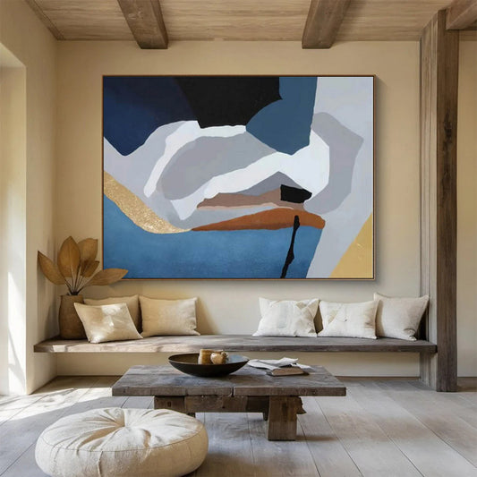 Unique Abstract Art Blue, Gray, Orange & Gold Geometric Abstract On Canvas HPS059