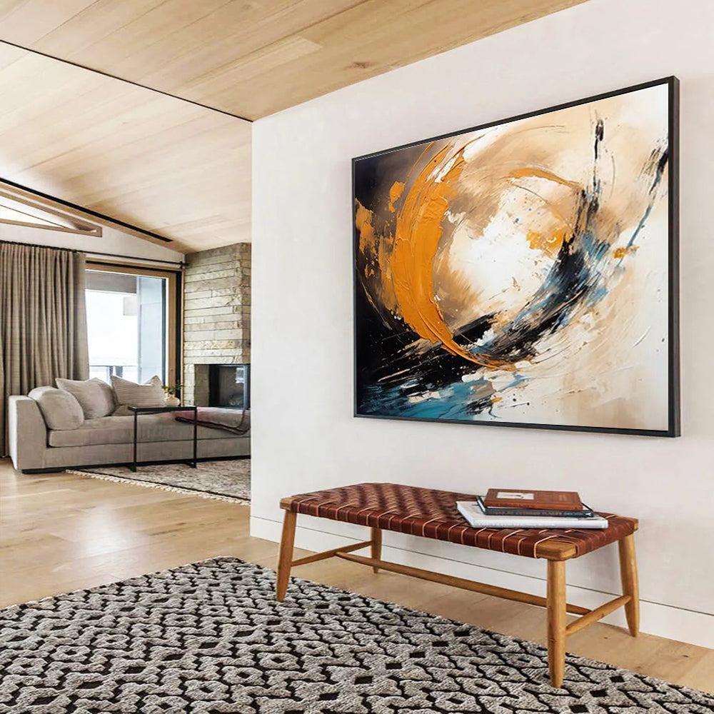 Big Painting Orange, Black & Teal Abstract Energetic Swirl Art HPS211