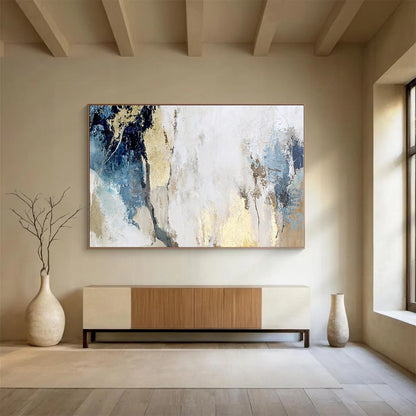 Acrylic Modern Art Paintings Blue, White & Gold Textured Abstract On Canvas HPS042
