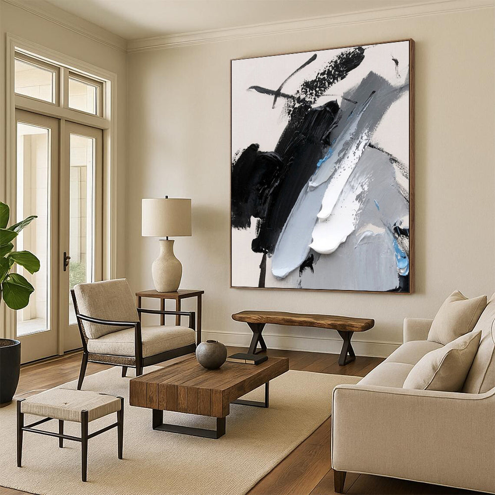 Acrylic Modern Art Paintings - Black, Gray, White & Blue Textured Abstract Art PT585
