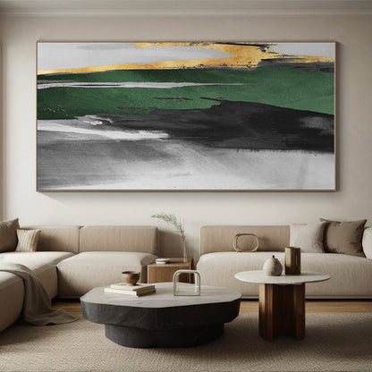 Hand-Painted Green, Black, Gold and Gray Abstract Dynamic Piece, Modern Art Acrylic PT536