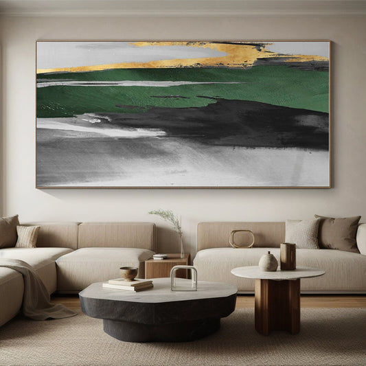 Hand-Painted Green, Black, Gold and Gray Abstract Dynamic Piece, Modern Art Acrylic PT536