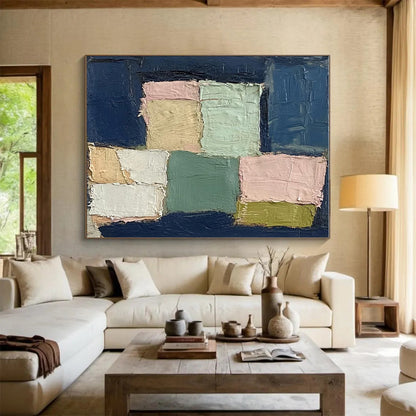 Handmade Art with Navy, Pink, Green, and Beige Textured Blocks, Paintings For House PT205
