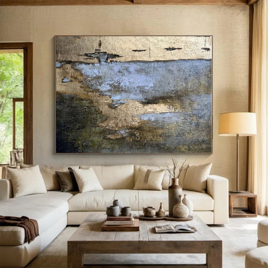 Acrylic Modern Art Paintings Blue, Gold, and Beige Abstract Art PT648