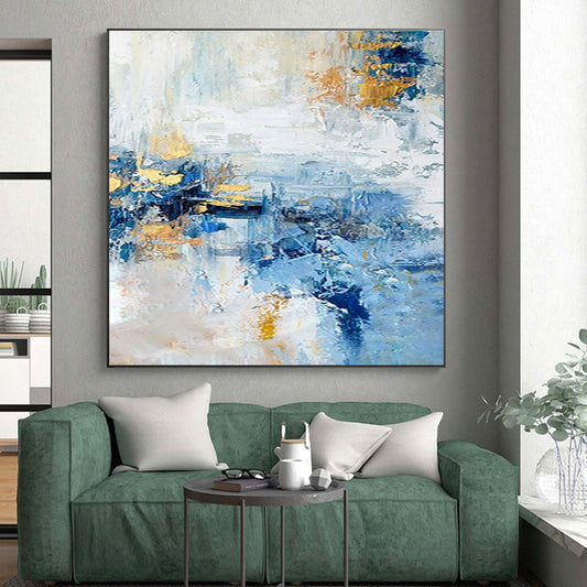 Cool Abstract Paintings Blue and Gold Abstract Textured Composition, Large Painting In Living Room PT538