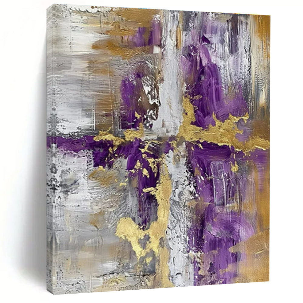 Hand Painted Art - Purple, Gold & Gray Geometric Abstract Art with Textured Details PT593