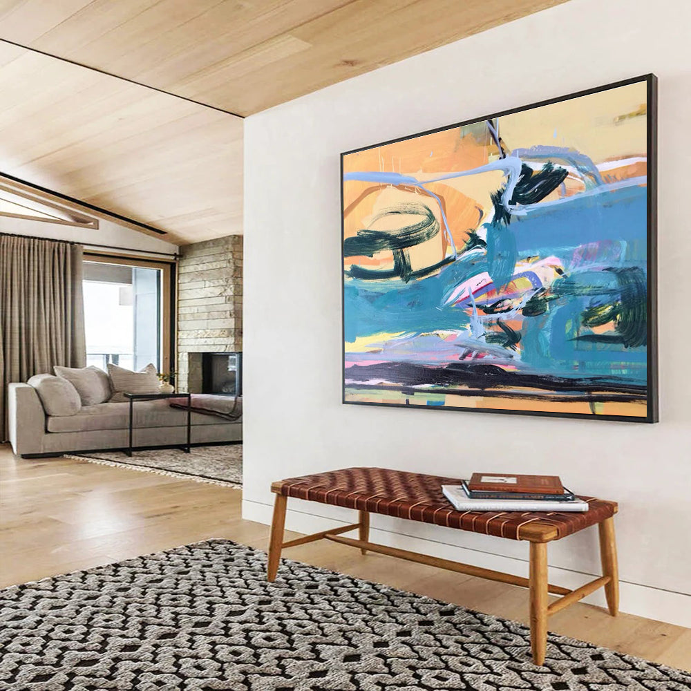 Large Painting In Living Room Teal, Orange & Pink Abstract Fluid Art HPS167