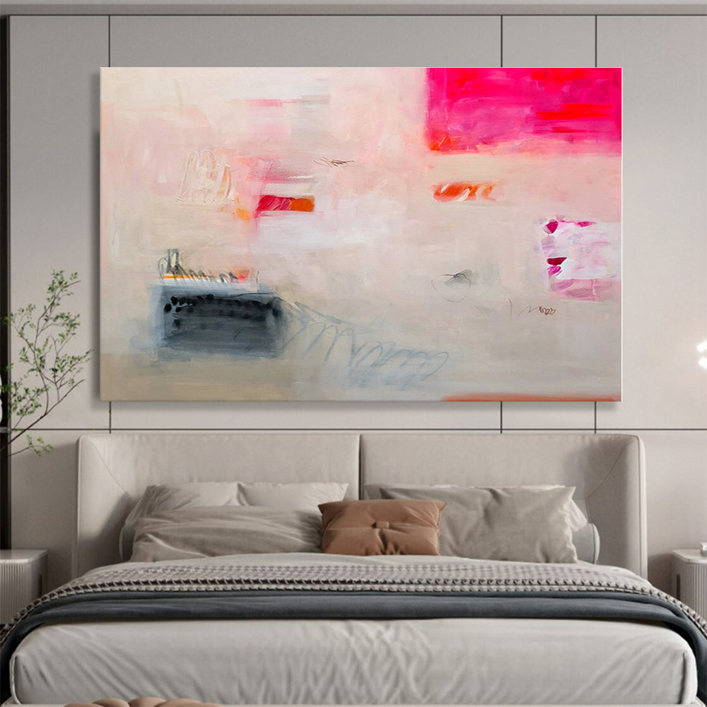 Large Contemporary Wall Art Soft Pink & Gray Abstract Composition On Canvas HPS020