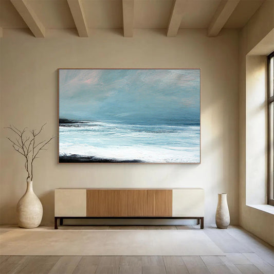 Hand Painting Light Blue & White Abstract Coastal Wave Art HPS187
