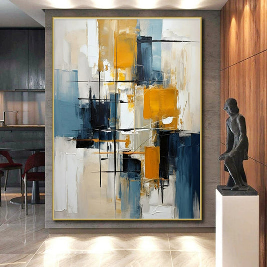 Hand Painting Blue, Yellow, and White Geometric Abstract Art PT782