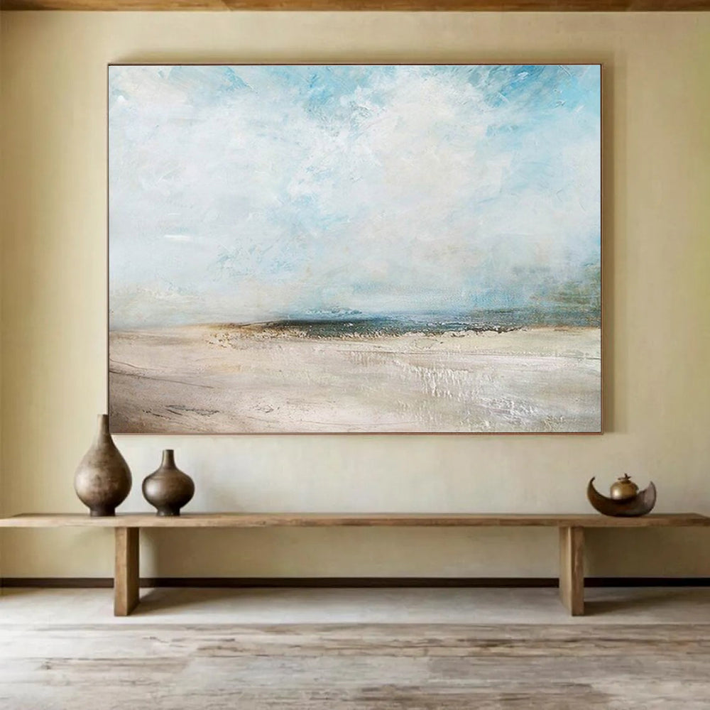 Oversized Abstract Wall Art Blue, Beige, and White Textured Abstract Seaside Art HPS387