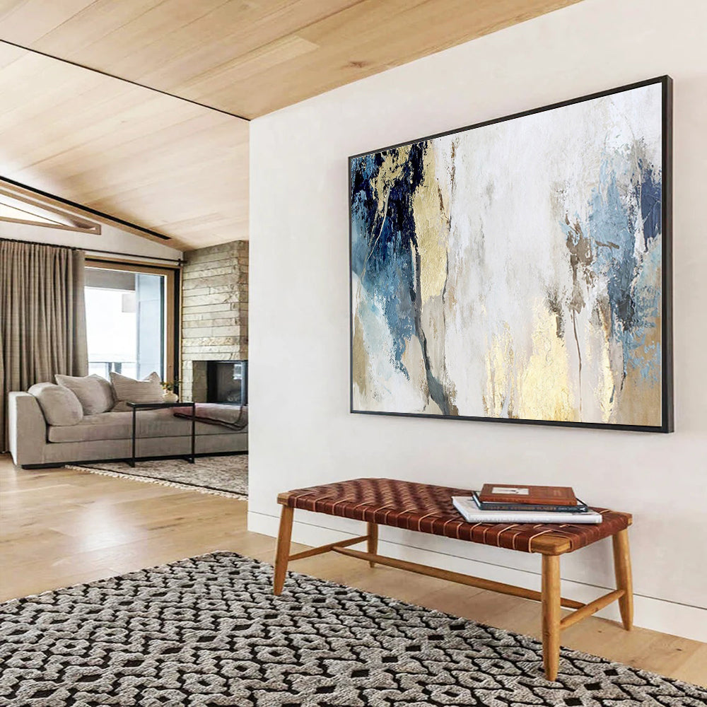 Acrylic Modern Art Paintings Blue, Gold & White Textured Abstract Painting On Canvas HPS112