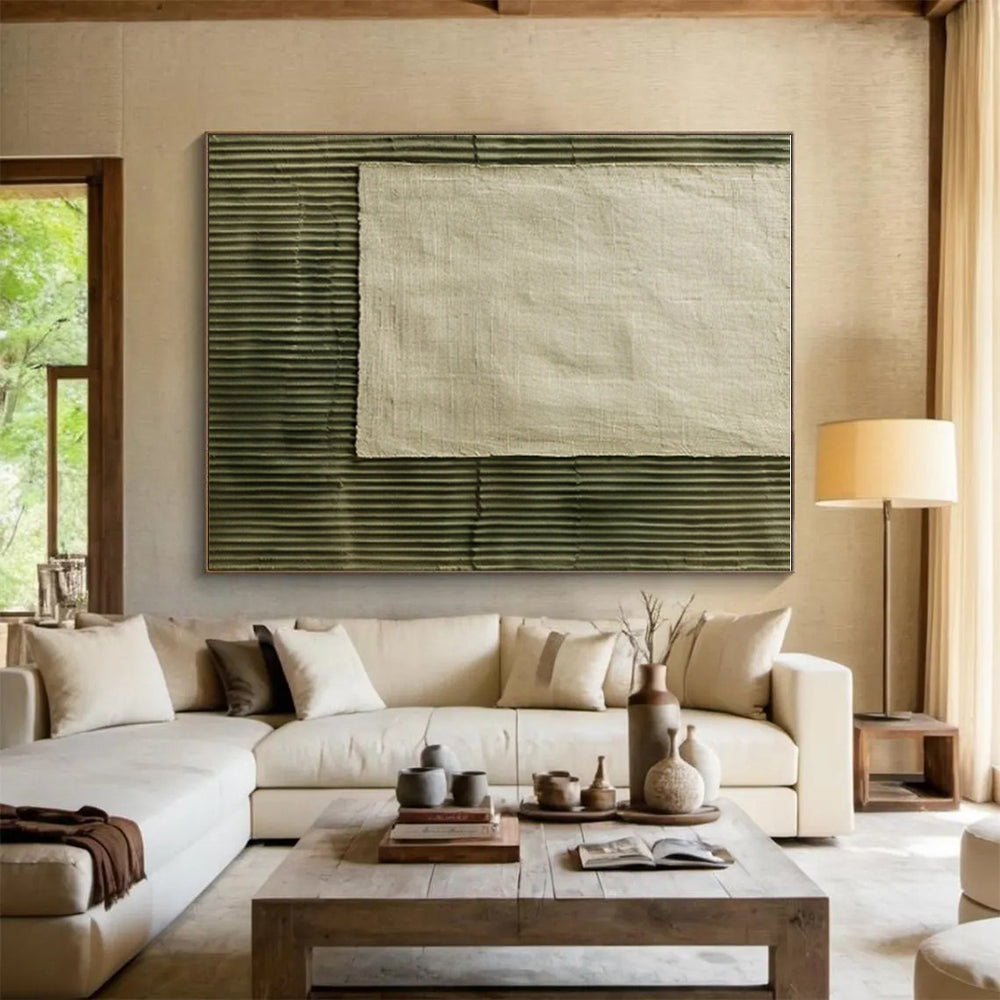 Unique Abstract Art Green Beige Textured Fabric Abstract Art PT356