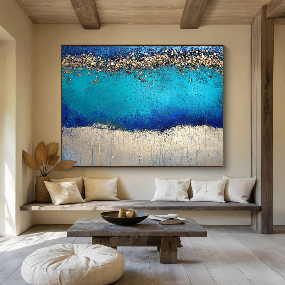 Large Size Blue and Gold Textured Abstract Coastal Art HPS324