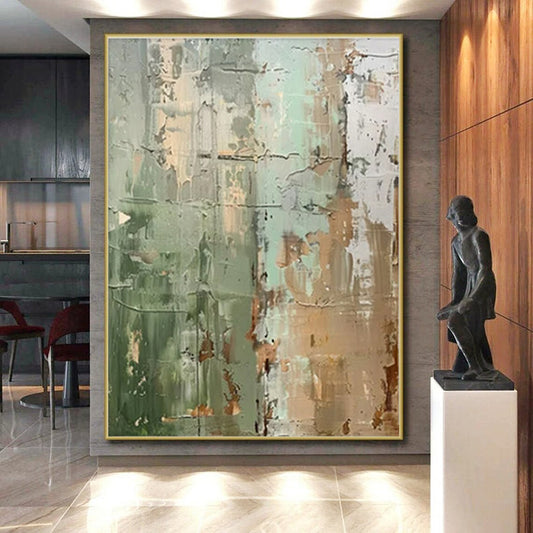 Handmade Art - Green, Beige & Gray Textured Abstract Art with Layered Details PT595