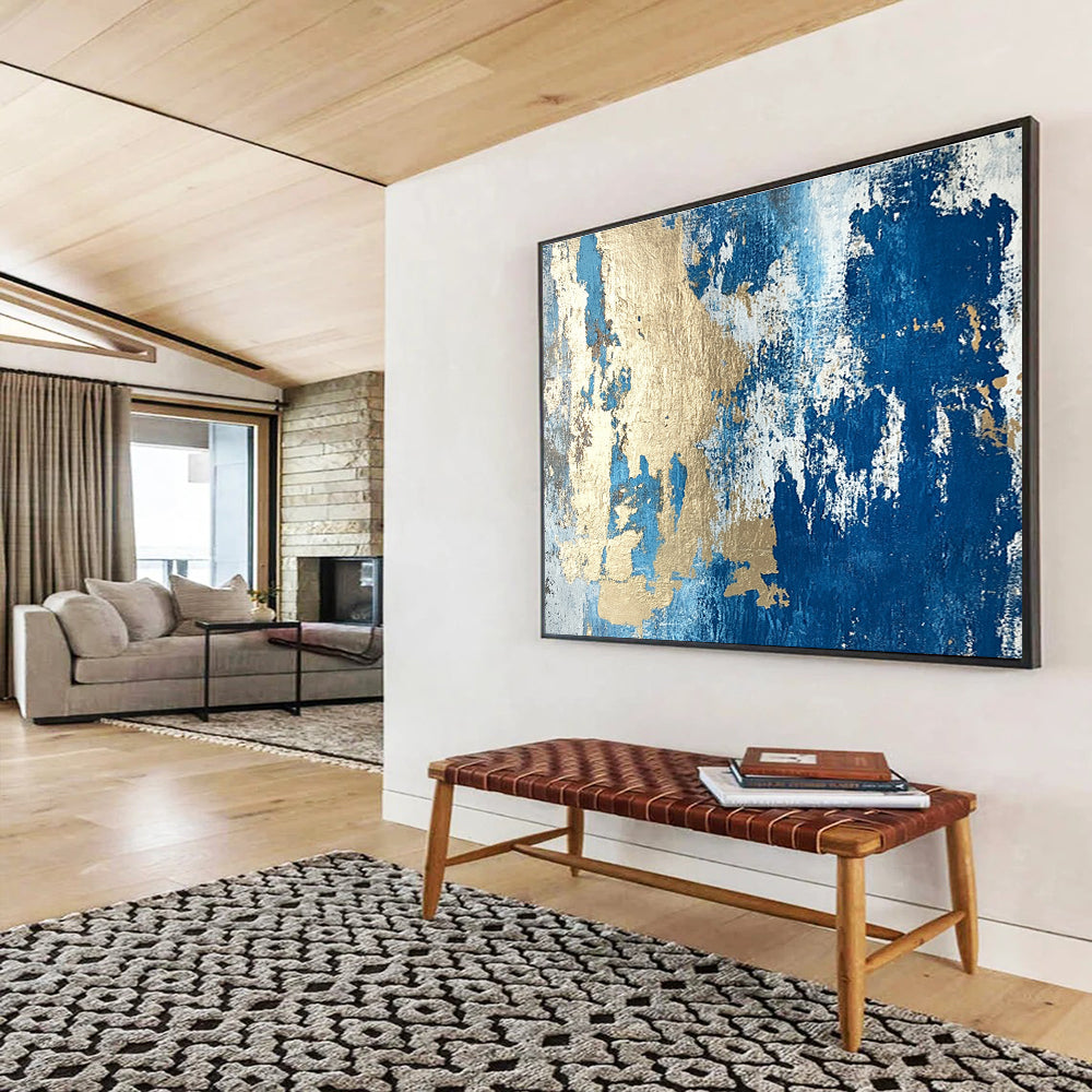 Large Size Blue, Gold & White Textured Abstract Painting HPS262