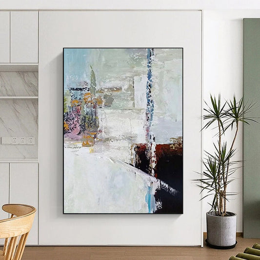 Handmade Art with White, Black, Brown, and Blue Textured Abstract Composition, Paintings For House PT214