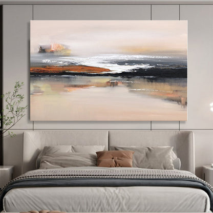 Large Painting In Living Room Beige, Black & White Abstract Coastal Art HPS157