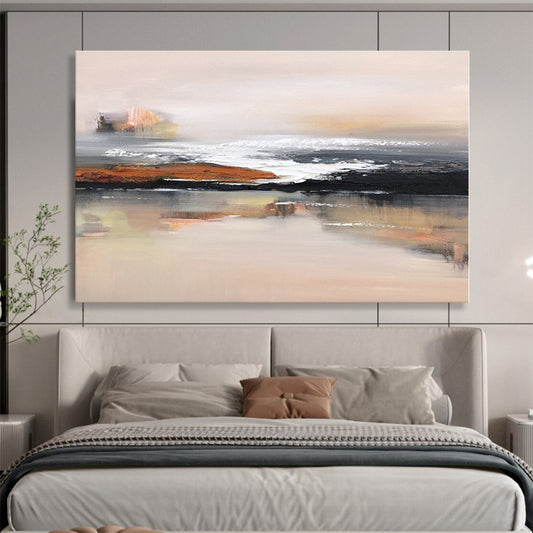 Large Painting In Living Room Beige, Black & White Abstract Coastal Art HPS157