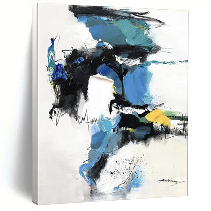 Hand Painting Blue, Black, White, and Yellow Dynamic Abstract Art PT791