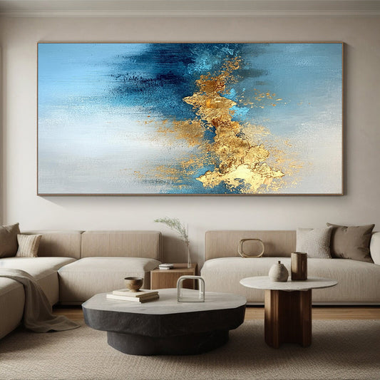 48x60 Blue, Gold & Gray Textured Abstract Painting On Canvas PT116