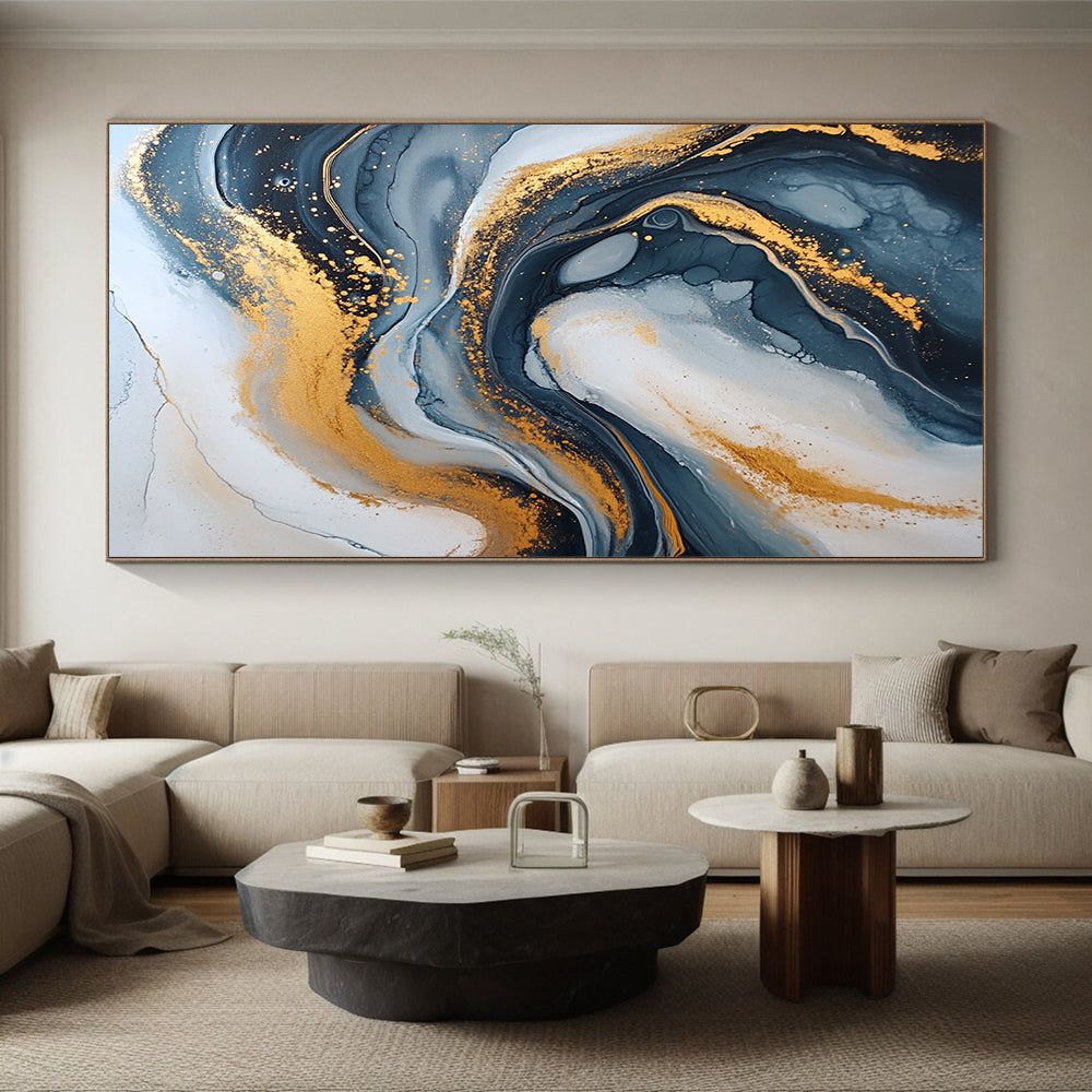 Handmade Art Blue, Gray & Gold Swirl Textured Abstract Painting On Canvas PT114