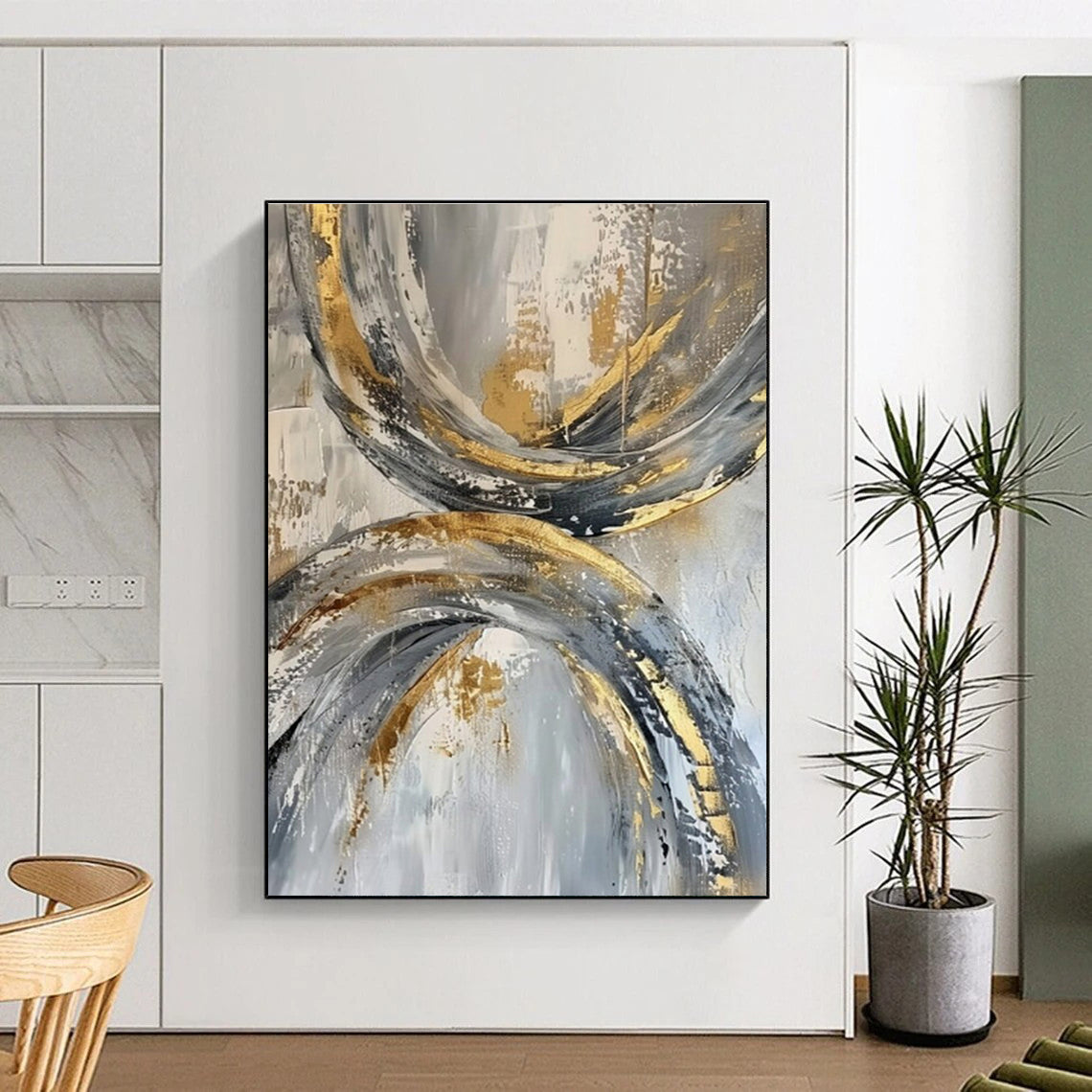Oversized Abstract Wall Art Gold, Gray, and White Circular Abstract Art PT737