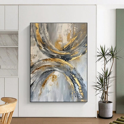 Oversized Abstract Wall Art Gold, Gray, and White Circular Abstract Art PT737