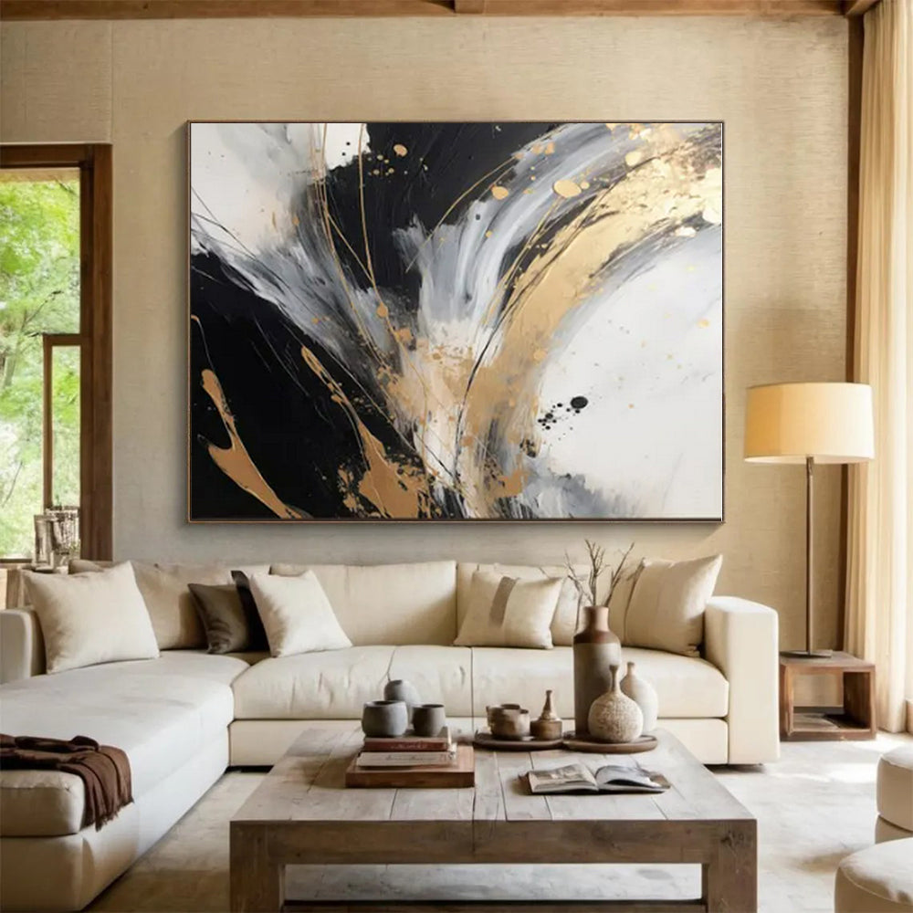 Cool Abstract Paintings - Black, White, Gray & Gold Dynamic Abstract Art with Flowing Lines PT594