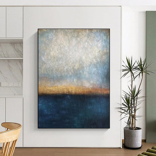 Large Size Blue, Beige & Orange Abstract Sunset Over Water, Modern Art Acrylic DPS503