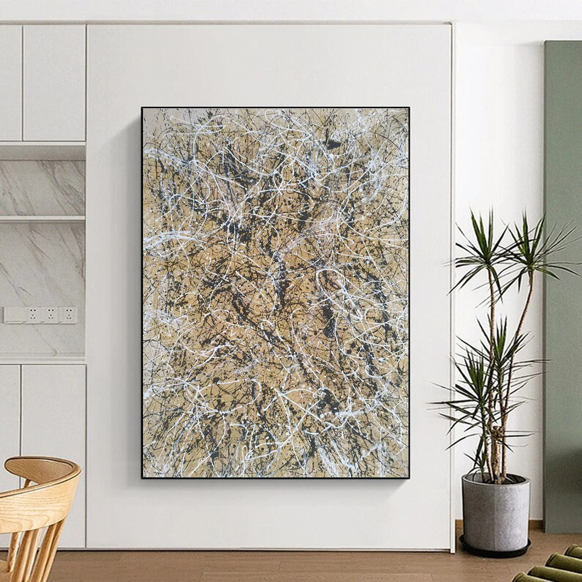 Big Painting Beige and Black Tangled Lines Abstract Art PT617