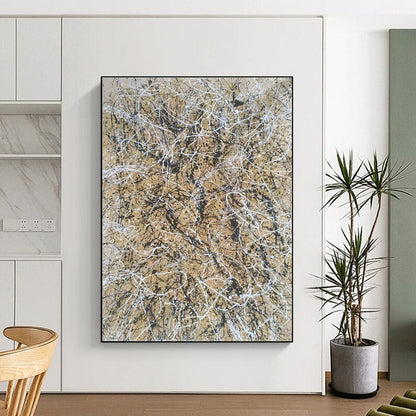Big Painting Beige and Black Tangled Lines Abstract Art PT617