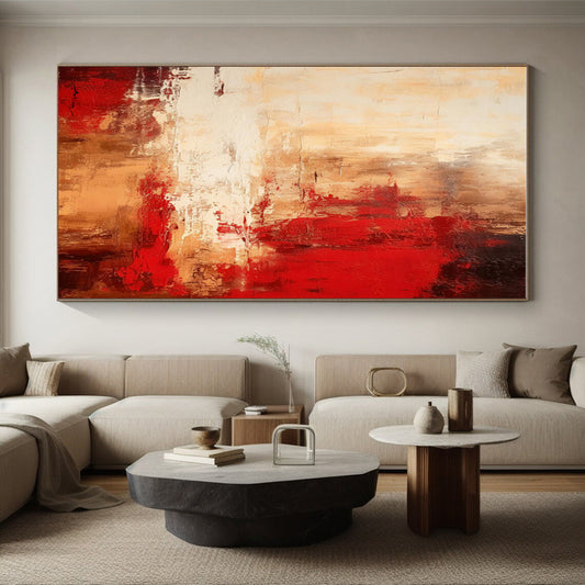 Large Contemporary Wall Art Red Beige Abstract Textured Acrylic Painting PT460