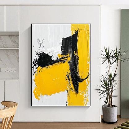 Large Abstract Painting For Living Room, Yellow Black White Abstract Expressionist Art PT140