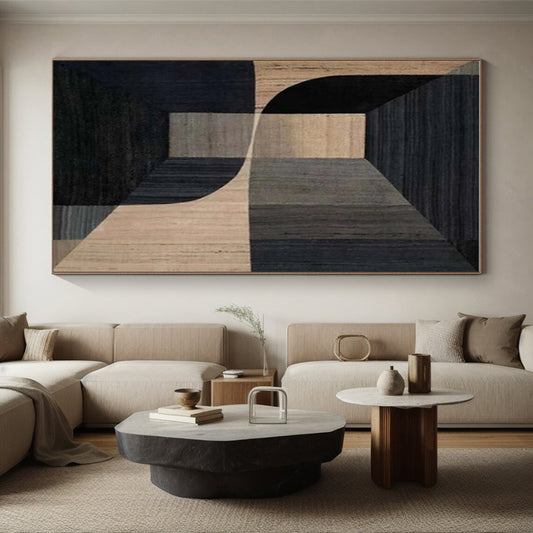 Unique Abstract Art in Black and Beige Geometric 3D Design, Handmade Art Piece PT323