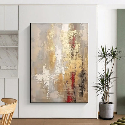 Hand Painting Gold, Gray, and Red Textured Abstract Art PT661